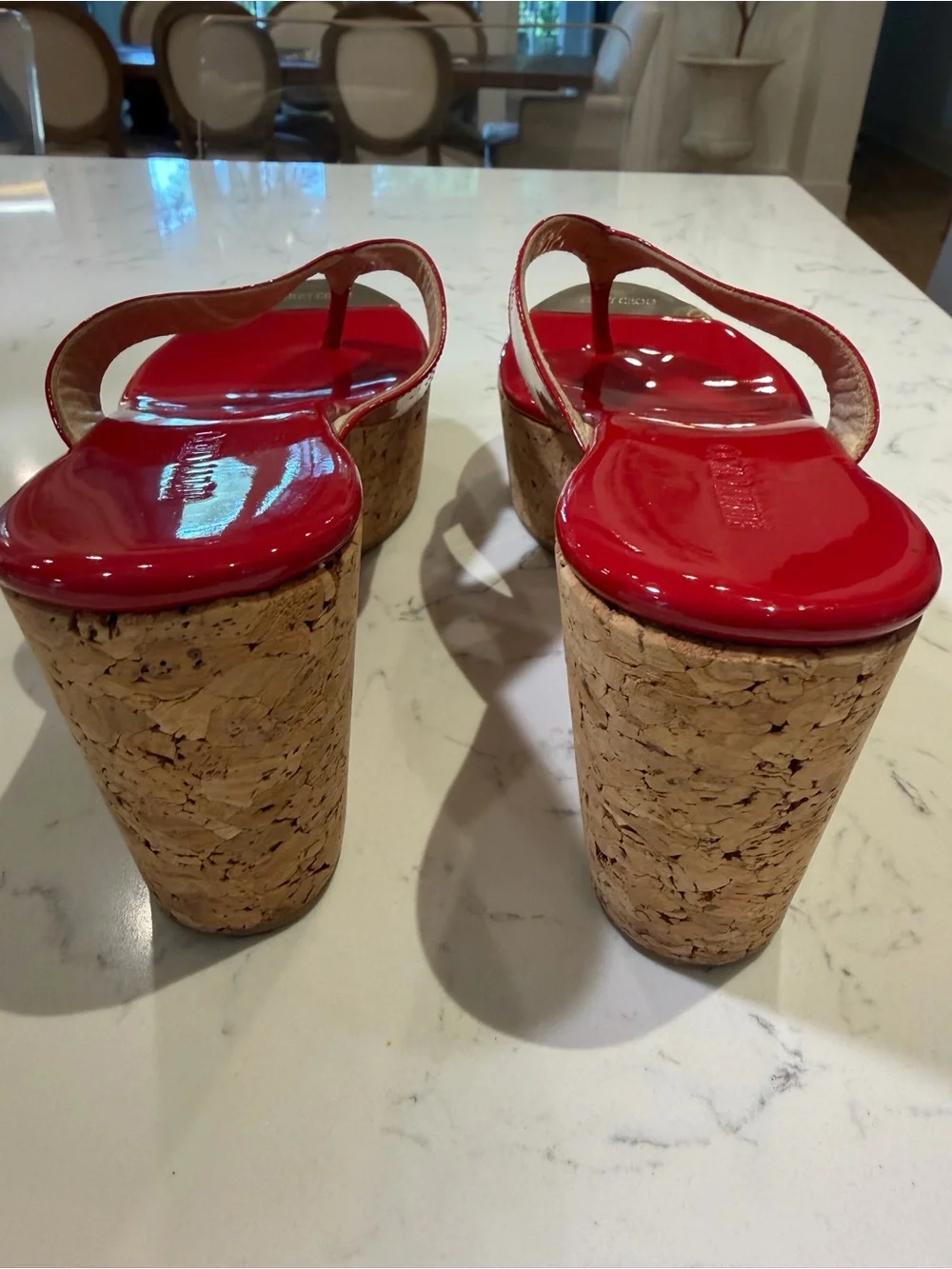 Jimmy Choo Pathos Red Patent Leather Cork Wedge Thong Sandals